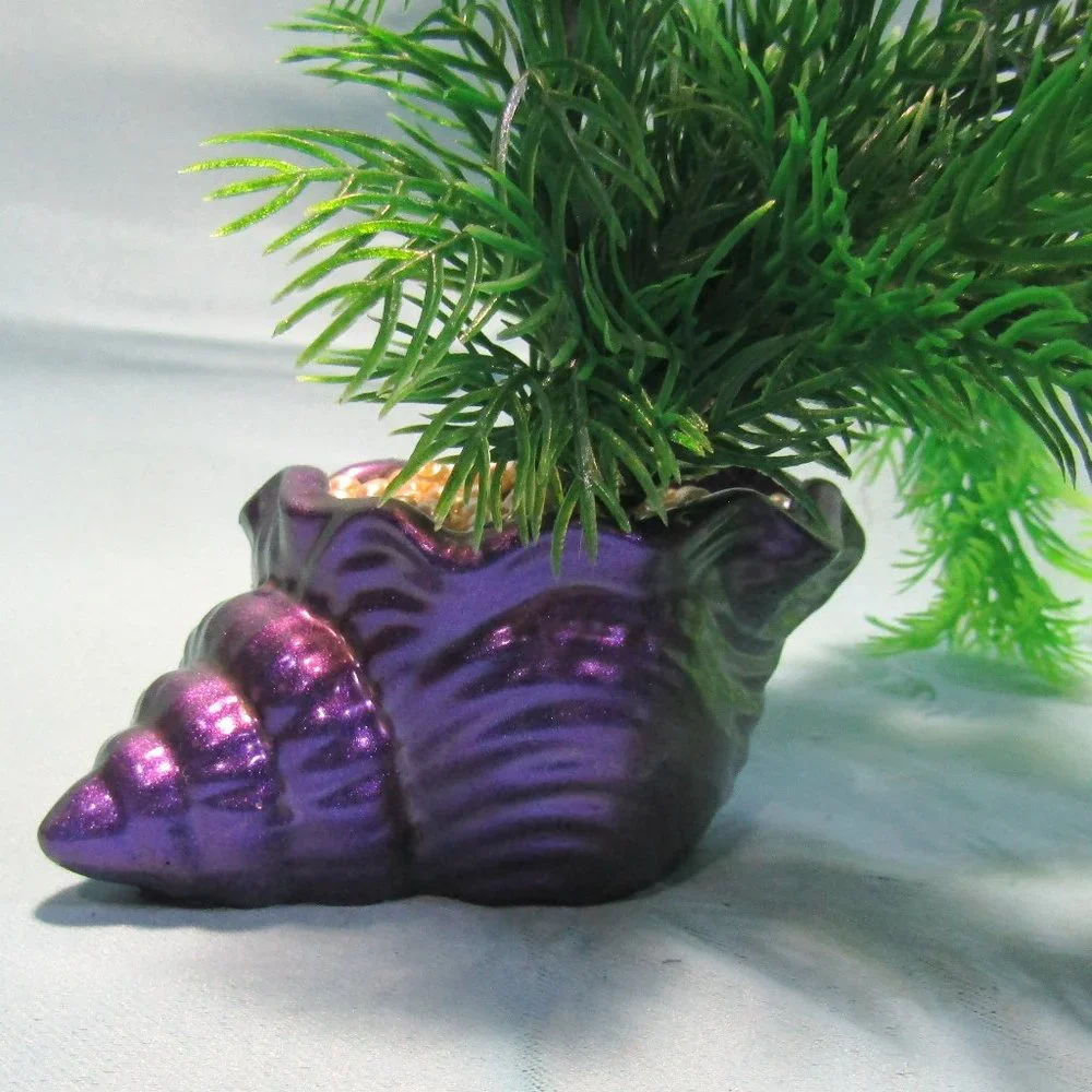 Aquarium Decoration - Purple Shell with Green Artificial Plant and Pearls.
